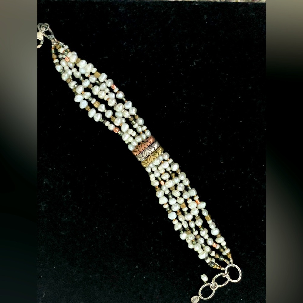 Silpada Silver Bracelet. 5 strands of freshwater pearls, brass & copper beads.